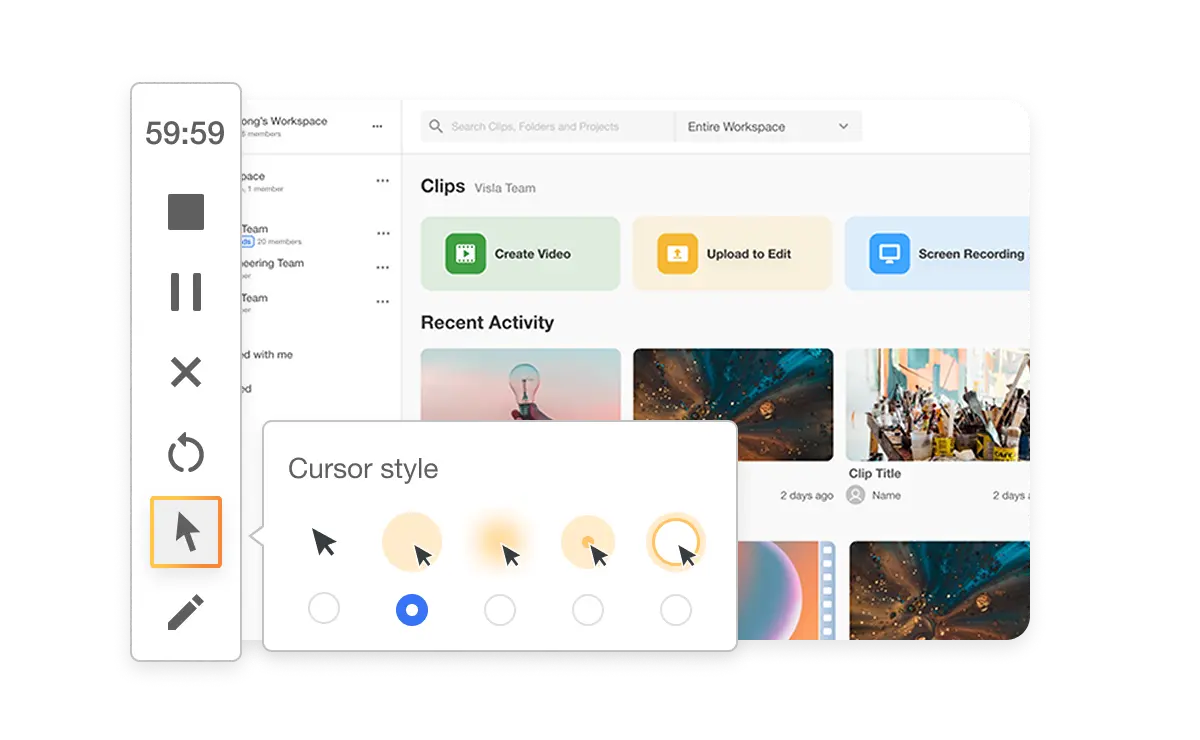 Visla interface showing screen recording annotation with cursor highlights, zoom, and narration tools.